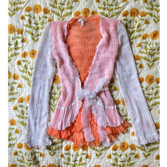 Cache Tops - Caché Crepe White and Orange Crinkle Wrap Blouse with Bow Detail Y2K Size Small